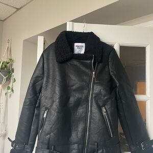 Princess Polly Black Leather Jacket with Shearling Collar